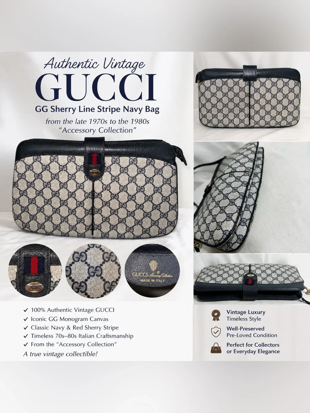 Vintage Gucci Navy GG Monogram Bag with Red Sherry Stripe